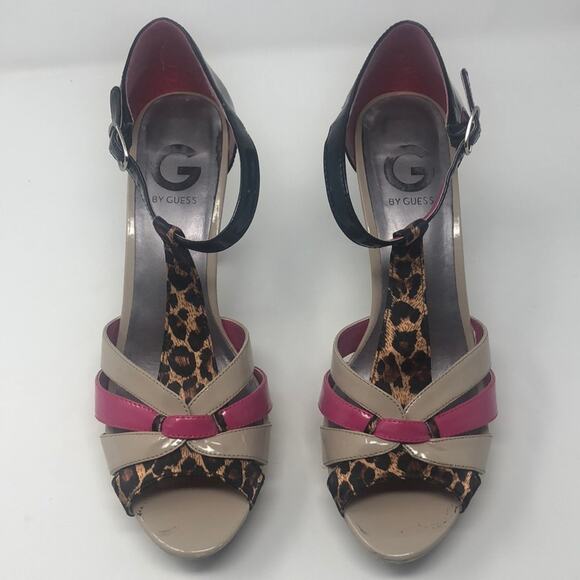 Guess 9 1/2 leopard print strappy platform heels - Picture 2 of 8